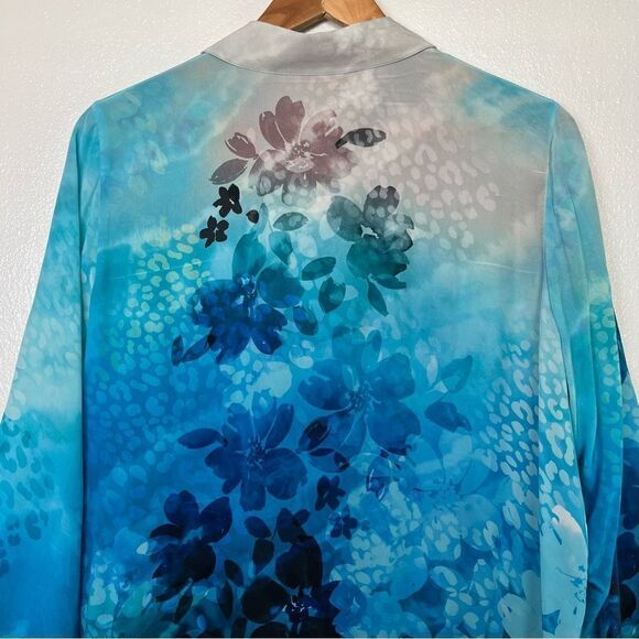 Soft Surroundings Jolene Silk Floral Button Up Shirt Blue Tunic Top Petite Large - Picture 8 of 11